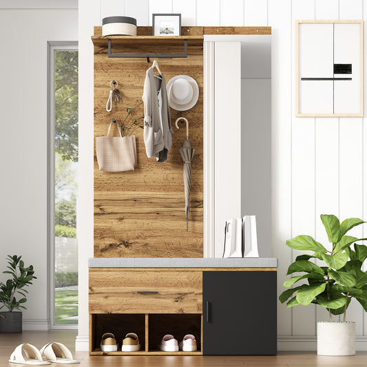Garderoben Set in Holzoptik mit Spiegel, Schuhbank (104 x 39 cm) mit Polster, Schuhschrank, Schublade, Regal, Kleiderhaken – Praktisches Design für den Eingangsbereich