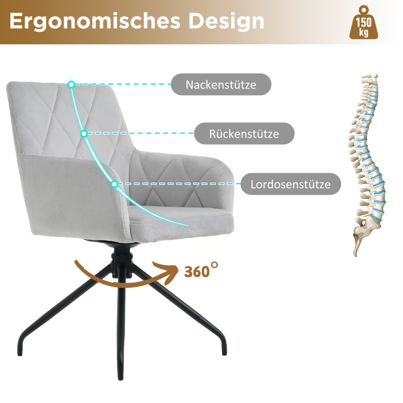 2er Set 360° Drehbarer Esszimmerstühle mit Rautenmuster,Gepolsterter Sessel mit 4 Metallbeinen,Moderner Lounge-Stuhl,Wohnzimmerstuhl für Shlafzimmer,Arbeitzimmer,Lendenwirbelstütze,Samt,Grau