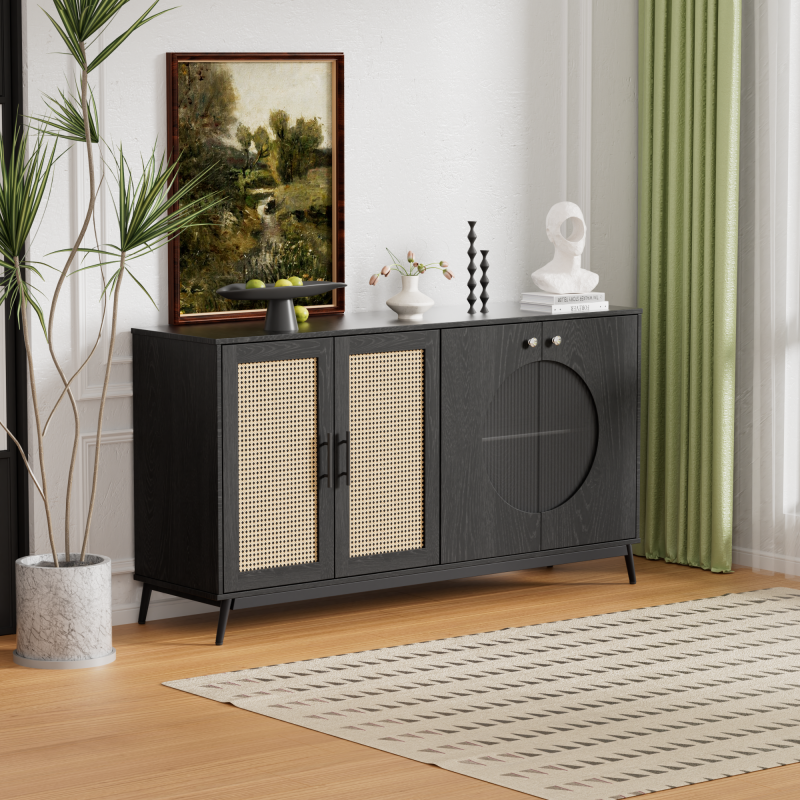 Sideboard mit Glastüren aus Rattan, halbrunde Tür, hochwertige Aufbewahrungsmöbel