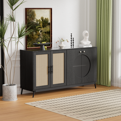 Sideboard mit Glastüren aus Rattan, halbrunde Tür, hochwertige Aufbewahrungsmöbel
