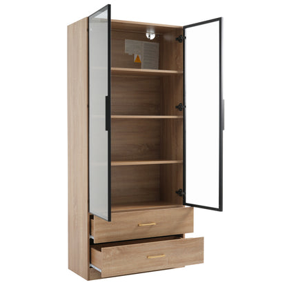 Badezimmerschrank, mittel, mit Lichtleiste, 75 cm breit, mit 2 großen Schubladen und 2 Türen, Glastür