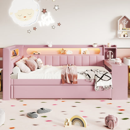 Gepolstertes 90x200 Tagesbett mit USB-Anschlüssen und LED-Gürtel, mit Ausziehbett und Schreibtisch, Rosa