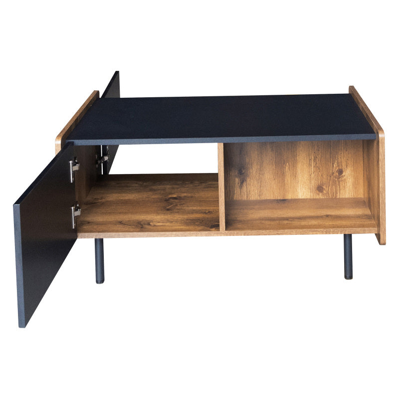 90 cm Schwarze und Holzfarbene Couchtisch – Moderner Stil, Zwei Offene Fächer und Zwei Türen, Dämpfende Scharniere