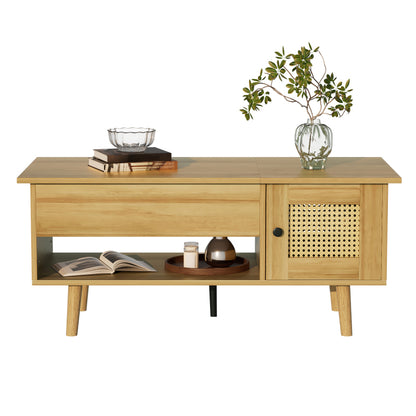 Eleganter Couchtisch mit anhebbarer Tischplatte und Rattan-Türen, Holzfarbe mit schwarzen Akzenten, ideal für das Wohnzimmer – Praktischer Stauraum und funktionales Design