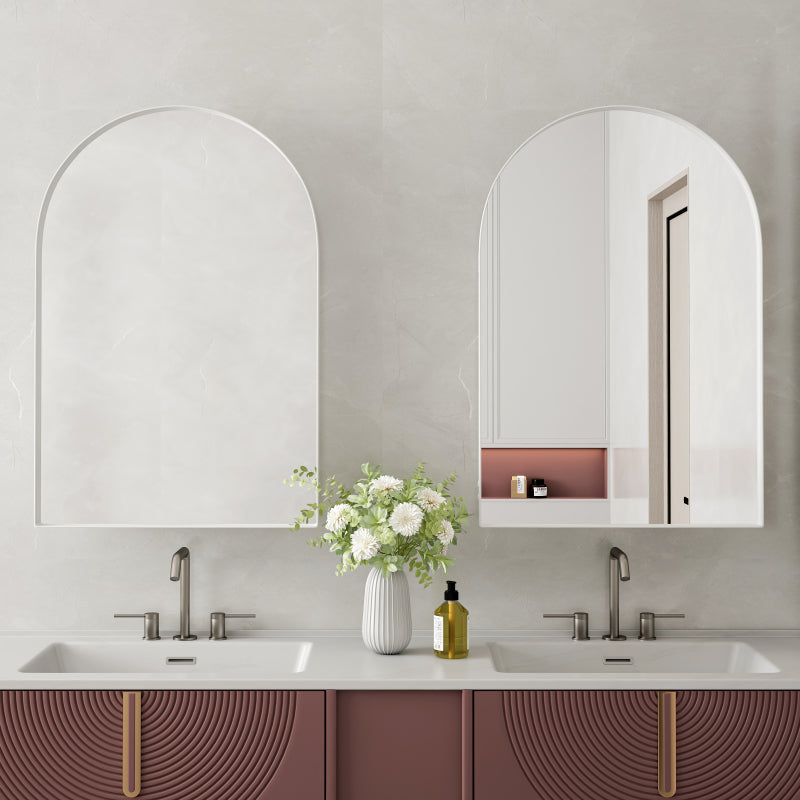 Stylish Arched Mirror Cabinet, Recessed Medicine Cabinet, Wall Cabinet with Metal Framed, Mirror and Adjustable Shelves, Mirror Cabinet with Storage for Bathroom, Living Room and Bedroom, White