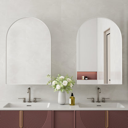 Stylish Arched Mirror Cabinet, Recessed Medicine Cabinet, Wall Cabinet with Metal Framed, Mirror and Adjustable Shelves, Mirror Cabinet with Storage for Bathroom, Living Room and Bedroom, White