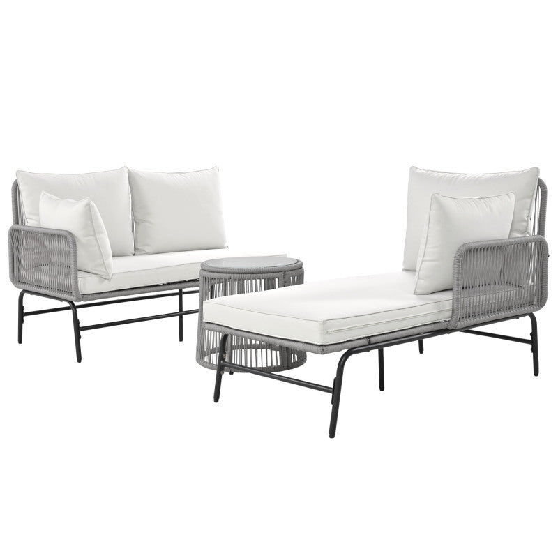 Gartenlounge-Set, Gartenmöbel-Set, Mit Eisenrahmen und grauem Seil, Gartenmöbel aus gewebtem Seil für den Außenbereich, Grau, Zwei Sessel, zwei 2-Sitzer-Sofas und zwei Tische (alle Kissen inklusive)
