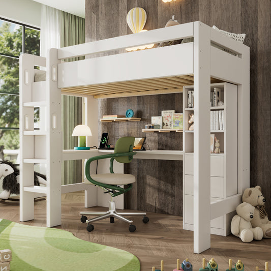 Kinderbett Hochbett mit L-förmigem Schreibtisch, Regalen und Schubladen mit USB/Type-C Ladebereich, Jugend-Einzelbett mit Leiter und Holzlattenrost, 90×200cm, Weiß, ohne Matratze.