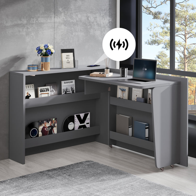 Faltbarer Schreibtisch mit Rollen & Wireless Charger–2-in-1 Sideboard & Arbeitsplatz, 115×27×93 cm (geschlossen, 95×51cm) Grey