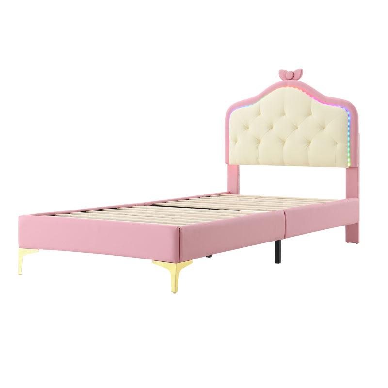 Polsterbett, Einzelbett, Wellenform mit Zugpunkt am Kopfende des Bettes, rosa Schleife, mit mehrfarbigen, wechselnden LED-Streifen, Kinderbett mit Holzlatten, Einzelbett, PU, rosa Bettrahmen, 90x200cm