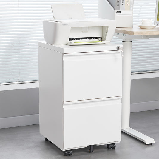 Metal 2 Drawer Mobile File Cabinet with Lock, Under Desk Office Steel Filing Cabinet, 25.6''H Legal/Letter Size Files Storage Cabinet,White
