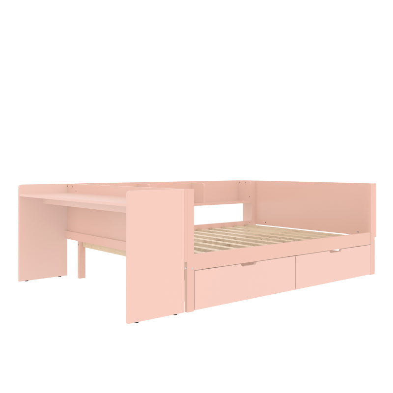 Flachbett, Holzbett, 140x200cm, mit Schreibtisch, ausgestattet mit 2 Schubladen, Doppelbett(Ohne Matratze), mit Regalen, Kiefer + Spanplatte, Rosa