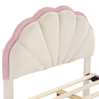 Polsterbett mit mehrfarbigen, wechselnden LED Lichtstreifen, Kopfteil mit Wellenschliff, mit gepolsterter runden Beine, Kinderbett mit Holzlatten, Einzelbett, Samt, Beige+Rosa, 90x200cm