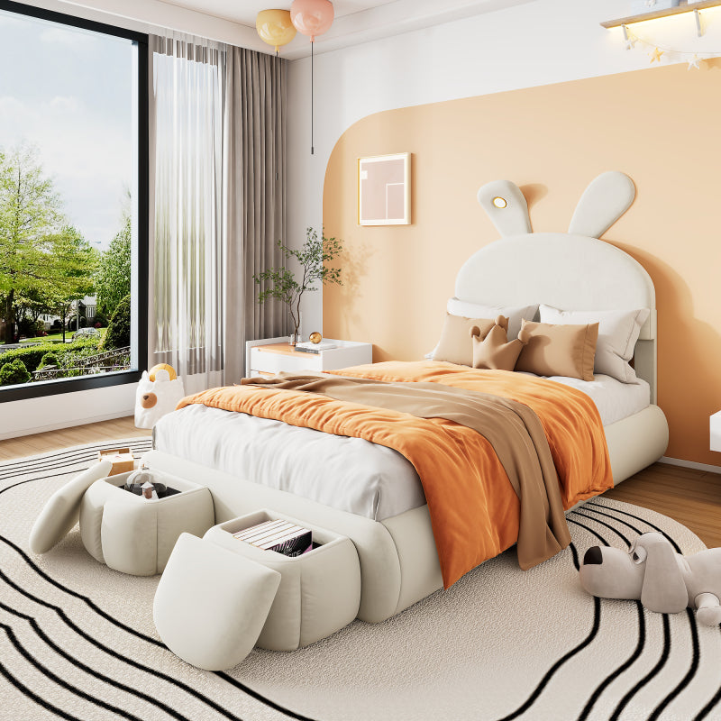 Polsterbett, Einzelbett, Hasenohren mit einstellbarer Helligkeit warmfarbenen Lichtstreifen, mit zwei Aufbewahrungshockern, Kinderbett mit Holzlatten, Samt, Beige, 90x200cm