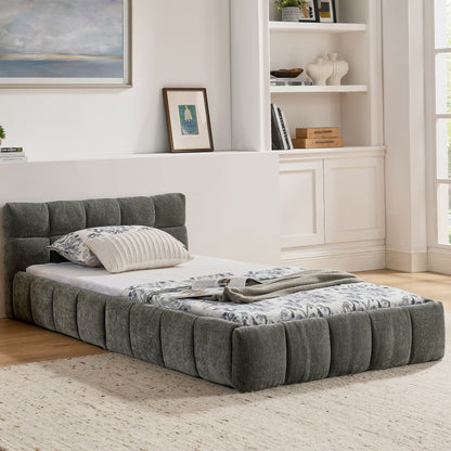 Einzelbett 90*200 cm, Kinderbett mit seidig weichem Chenille - Bezug, quadratischem Steppdesign, Dark Gray (ohne Matratze)