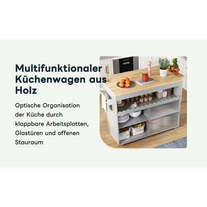 122 x 46(69) x 91cm, klappbarer Kücheninselwagen, Arbeitsplatte aus Eichenholzfurnier, Schiebetüren aus gehärtetem Glas, verstellbare Einlegeböden, Handtuchhalter, großer Kücheninselwagen