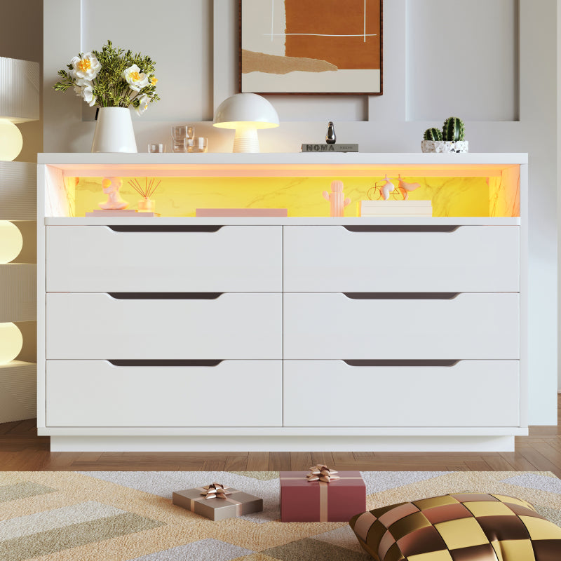 Sideboard, Kommode mit LED-Beleuchtung und 6 Schubladen, Staufach mit Marmorkorn, Moderner Schrank für Wohnzimmer und Schlafzimmer, 120x40x85cm, Weiß