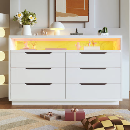 Sideboard, Kommode mit LED-Beleuchtung und 6 Schubladen, Staufach mit Marmorkorn, Moderner Schrank für Wohnzimmer und Schlafzimmer, 120x40x85cm, Weiß