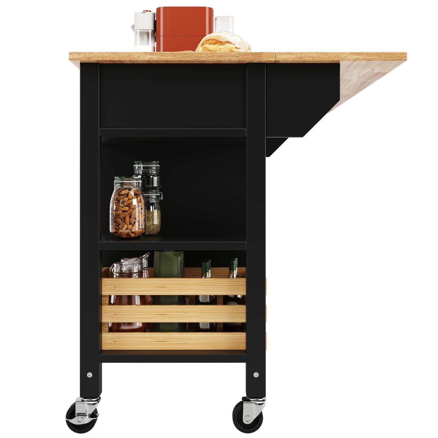 Moderne Kücheninsel Küchenschrank mit Kiefernkorb 120x45x90cm Multifunktions Esstisch Servierwagen Holzmaserung Aufbewahrungskorb Schwarz