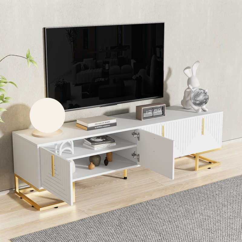 TV-Schrank, lowboard mit strukturierter Tür, TV-Möbel, goldenen Griffen und goldenen Füßen