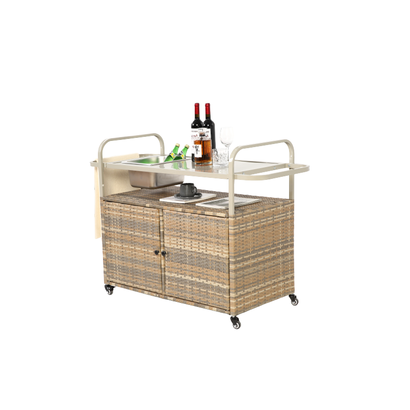 Outdoor Bar Table, Wicker Bar Cart with Cabinet, Patio Serving Cart with steel Top, with one ice bucket,Lockable Wheels, Side Basket for Garden, Poolside & Backyard, Beige