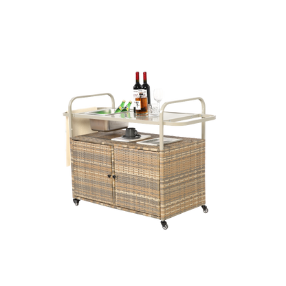 Outdoor Bar Table, Wicker Bar Cart with Cabinet, Patio Serving Cart with steel Top, with one ice bucket,Lockable Wheels, Side Basket for Garden, Poolside & Backyard, Beige
