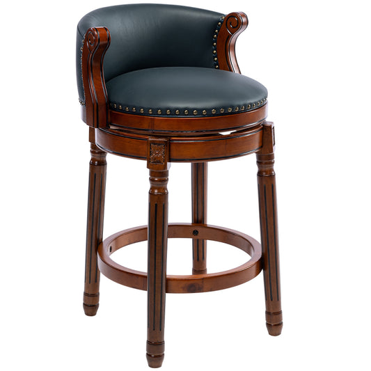 Barhocker aus Holz mit Kuhfell-Obermaterial, 360-Grad-Drehstuhl mit Rückenlehne, Blau + Sitzhöhe 75 cm