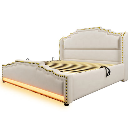 Polsterbett 160x200, Doppelbett mit hydraulischem Stauraum, LED-Beleuchtung und USB-C-Ladeanschluss, Stauraumbett und Jugendbett mit Lattenrost, Samt, Beige, ohne Matratze