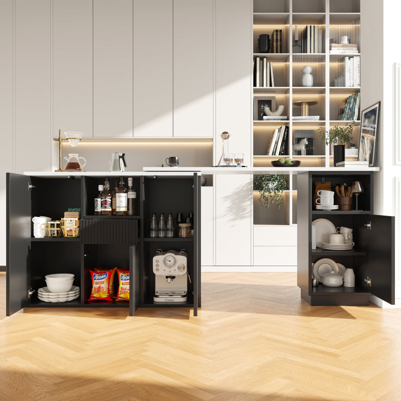 Um 360° drehbarer Bartisch (Hauptkörper 198,5 x 30 x 75 cm), modernes und schlichtes schwarzes Design, mit offenem Stauraum und Marmor-Arbeitsplatte, multifunktionale Aufbewahrungsinsel, geeignet für