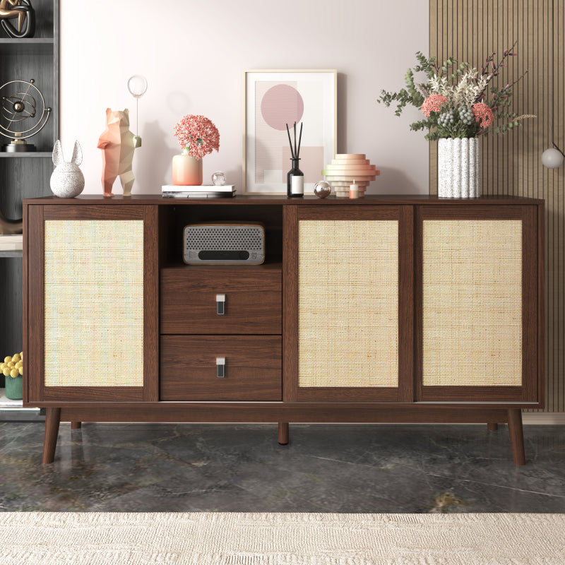 Sideboard mit 3 Schiebetüren aus echtem Rattan und 2 Schubladen, 155x38x80 cm, atmungsaktiv, stabil und vielseitig