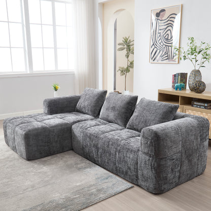 Modernes Sektionssofa, L-Sofa, 3-Sitzer-Sofa, keine Installation erforderlich, Chenille-Sofa mit Chaiselongue und Armlehnen, 3 Kissen, Seitentasche für Fernbedienung, Grau