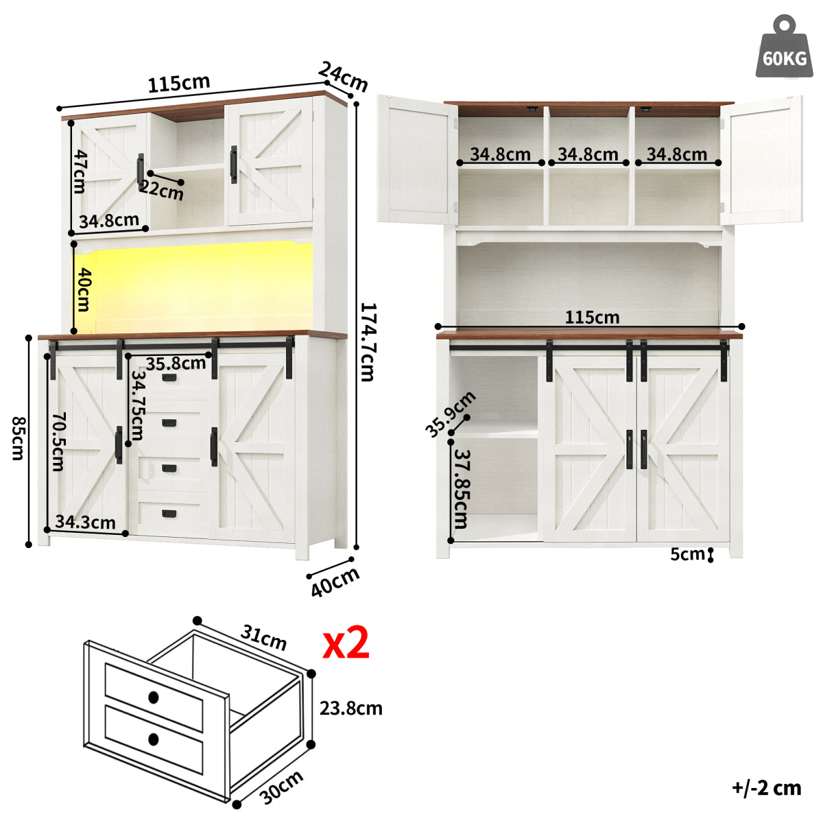 Küchenschrank 115x40x175cm hohes Sideboard Weiß mit App-LED-Beleuchtung, X-Design Schiebetüren, 2 Schubladen & Magnetklappen, Küchenbuffet