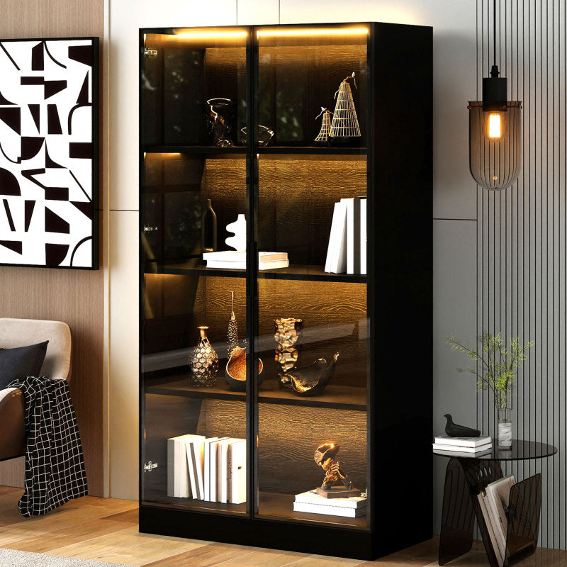 Staubdichte LED-Glasvitrine mit gehärteter Glastür, Vitrine, Bücherregal, Badezimmer 70×40×160 cm Schwarze