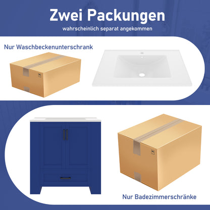 76 x 46 x 78.5cm Bodenstehender Badezimmerschrank, Waschtisch,komplett lackiert, Doppeltürregale, geräuschlose Schubladen, Regale auf beiden Seiten, integriertes Keramikwaschbecken, blau