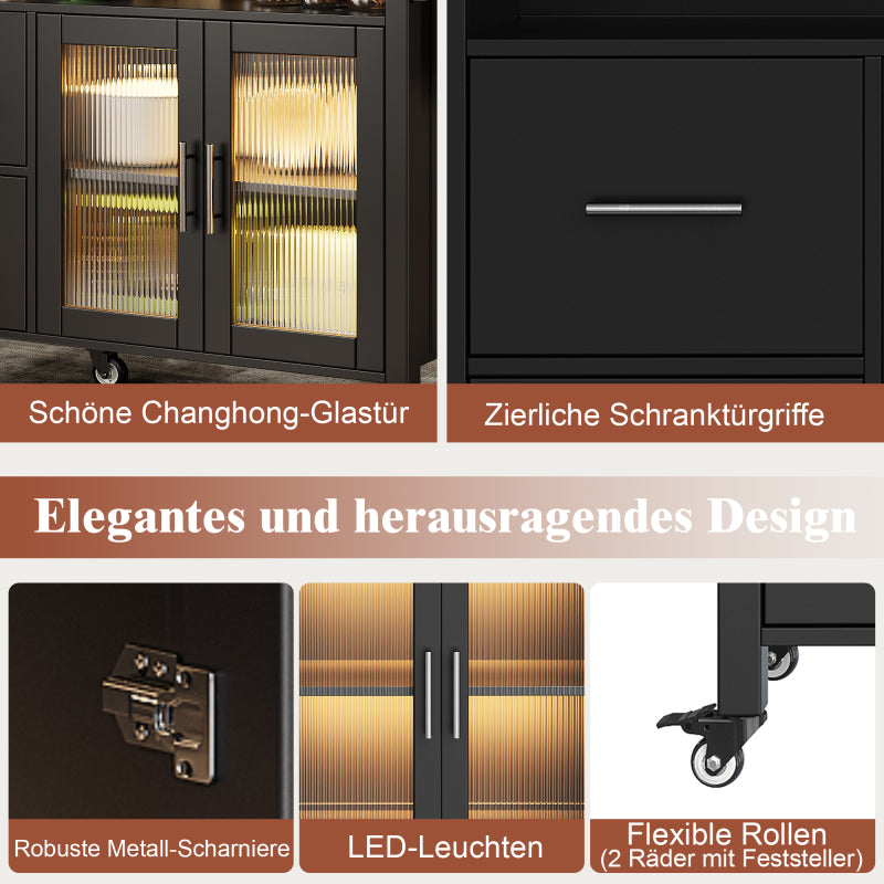 Kücheninsel mit herausnehmbaren Trennwänden, Speisewagen mit Arbeitsplatte, Buffetschrank, Speisewagen mit Glasvitrine in Holzmaserung, LED-Leuchten, seitlicher Handtuchhalter mit Rollen, Schwarz