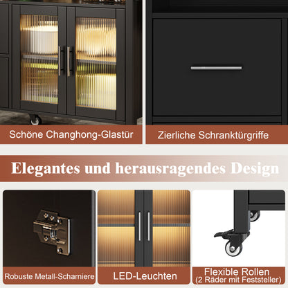 Kücheninsel mit herausnehmbaren Trennwänden, Speisewagen mit Arbeitsplatte, Buffetschrank, Speisewagen mit Glasvitrine in Holzmaserung, LED-Leuchten, seitlicher Handtuchhalter mit Rollen, Schwarz