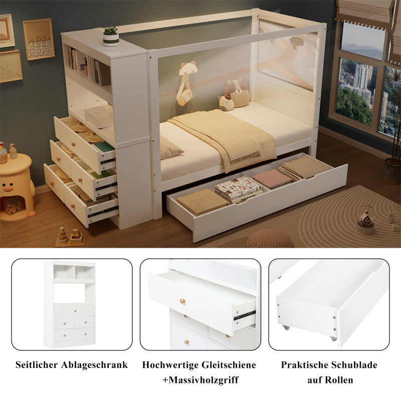 Einzelbett, Kinderbett mit Fallschutz und Gitter,  Holzbett mit Stauraum, Weiß+Natur,  90x200cm