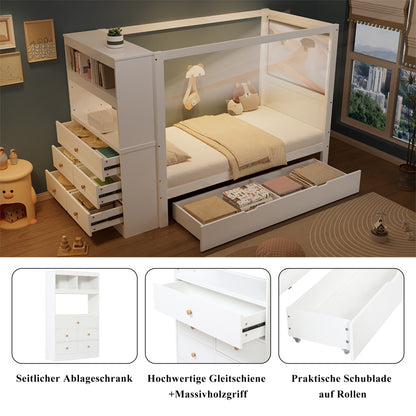 Einzelbett, Kinderbett mit Fallschutz und Gitter,  Holzbett mit Stauraum, Weiß+Natur,  90x200cm
