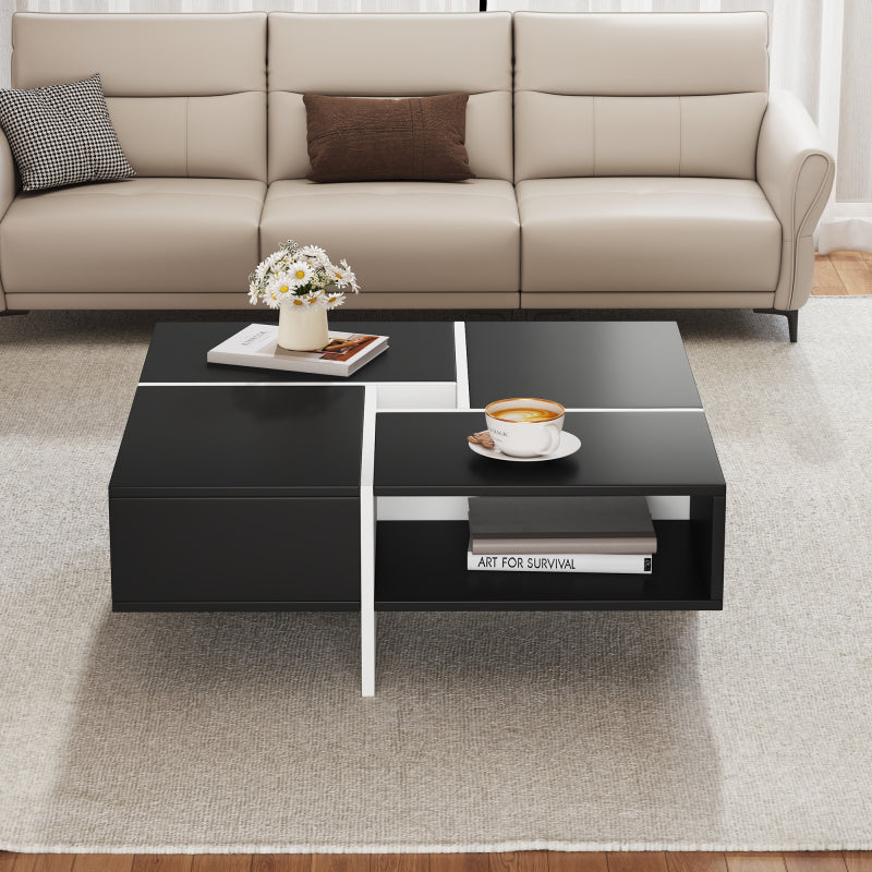 Moderner quadratischer Couchtisch 70x70x35cm - Schwarz-weißes Design, 5 offene Fächer, mittleres Ablagefach 10x10cm, Belastbarkeit 30KG, schwarzer quadratischer Couchtisch