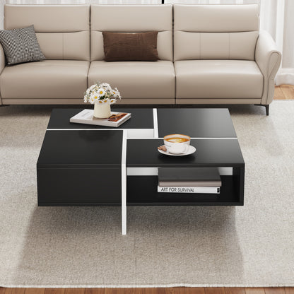 Moderner quadratischer Couchtisch 70x70x35cm - Schwarz-weißes Design, 5 offene Fächer, mittleres Ablagefach 10x10cm, Belastbarkeit 30KG, schwarzer quadratischer Couchtisch
