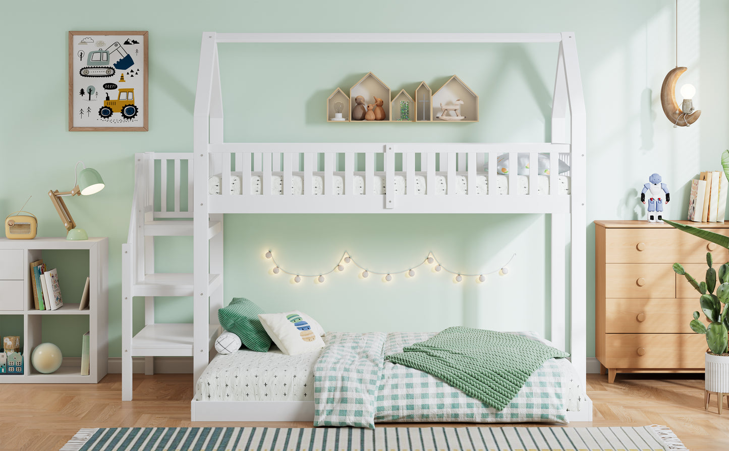 [29994142WAA]Etagenbett, Hausbett mit Treppe, Kinderbett mit Fallschutz und Gitter, Rahmen aus Kiefer, weiß (90x200&140*190cm)