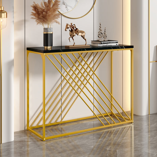 MDF Hochglanz Tisch für den Eingangsbereich, Konsolentisch, Flurtisch, Sideboard, Beistelltisch, Vintage, Schwarzer Tisch mit goldenem Fuß,