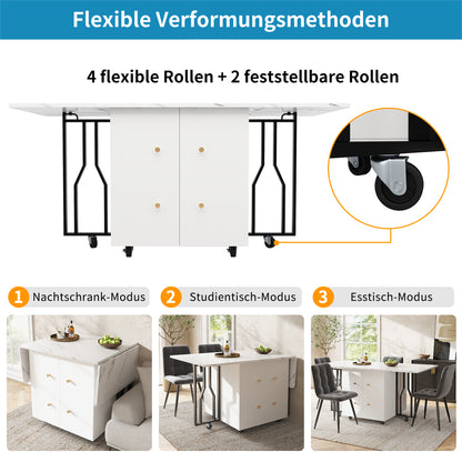 Tragbarer Esstisch, klappbare Tischplatte, marmorierte Tischplatte, geeignet für Esszimmer, Wohnzimmer, verstellbare Trennwände, großes Staufach, 6 Rollen (2 feststellbar), schwarze Tischbeine