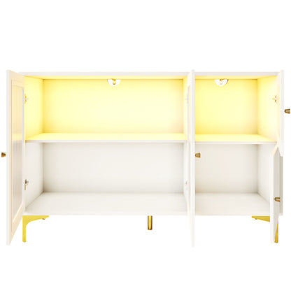 Modernes und schlichtes weißes Sideboard (140 x 40 x 90 cm), Changhong-Glastür-Design, integriertes warmes Umgebungslicht, mit dekorativen Metalldetails und viel Stauraum, geeignet für Esszimmer
