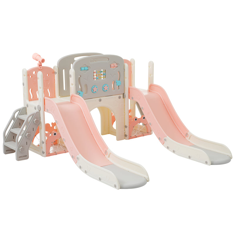 Kinderspielplatz-Set 8-in-1, Freistehendes Meerestier-Motiv-Set mit Rutsche, Bogentunnel, Basketballkorb und Teleskop, Doppelte Rutschen für Kleinkinder, Klettergerüst für Kinder