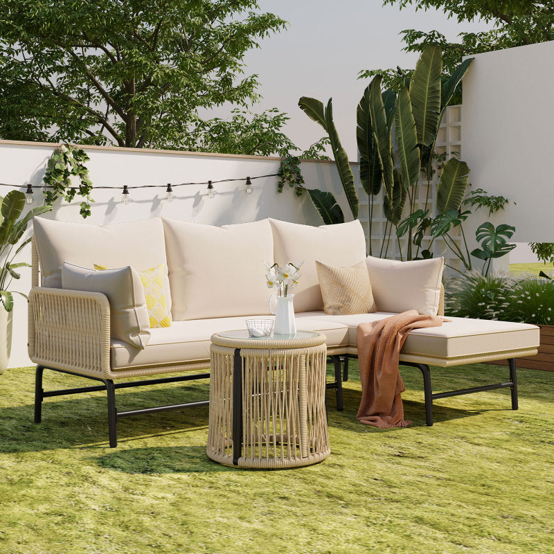 Gartenlounge-Set, Gartenmöbel-Set, Gartenlounge mit Eisengestell und beigem Seilbezug, Gartenmöbel aus gewebtem Seil für den Außenbereich, L-förmiges Gesprächsset mit Tisch, Beige
