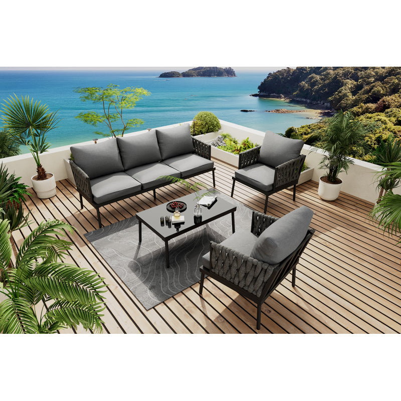 Garten Loungesessel Set, Gartenmöbel Set mit bequemen Kissen, 3er Sofa, 2 Sessel und Couchtisch, Outdoor, Glastischplatte, geflochtene Seilarmlehnen, verzinkter Stahl, grau