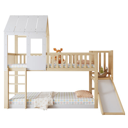 Etagenbett mit rechtwinkliger Leiter und Rutsche, Hausbett mit Dach und Fenster, Kinderbett mit Fallschutz und Gitter, Rahmen aus Kiefer, Natur+Weiß (90x200cm)