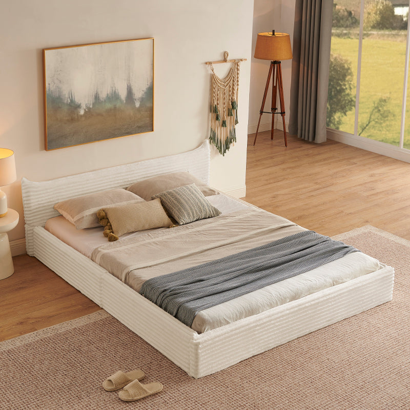 Doppelbett 160x200cm, mit Samtweichem Chenille-Bezug & Elegantem Kleinkantendesign am Kopfende, Beige (ohne Matratze)