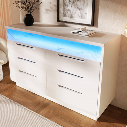 Sideboard, Kommode mit LED-Beleuchtung und 6 Schubladen, Staufach mit Marmorkorn, Moderner Schrank für Wohnzimmer und Schlafzimmer, 120x40x85cm, Weiß